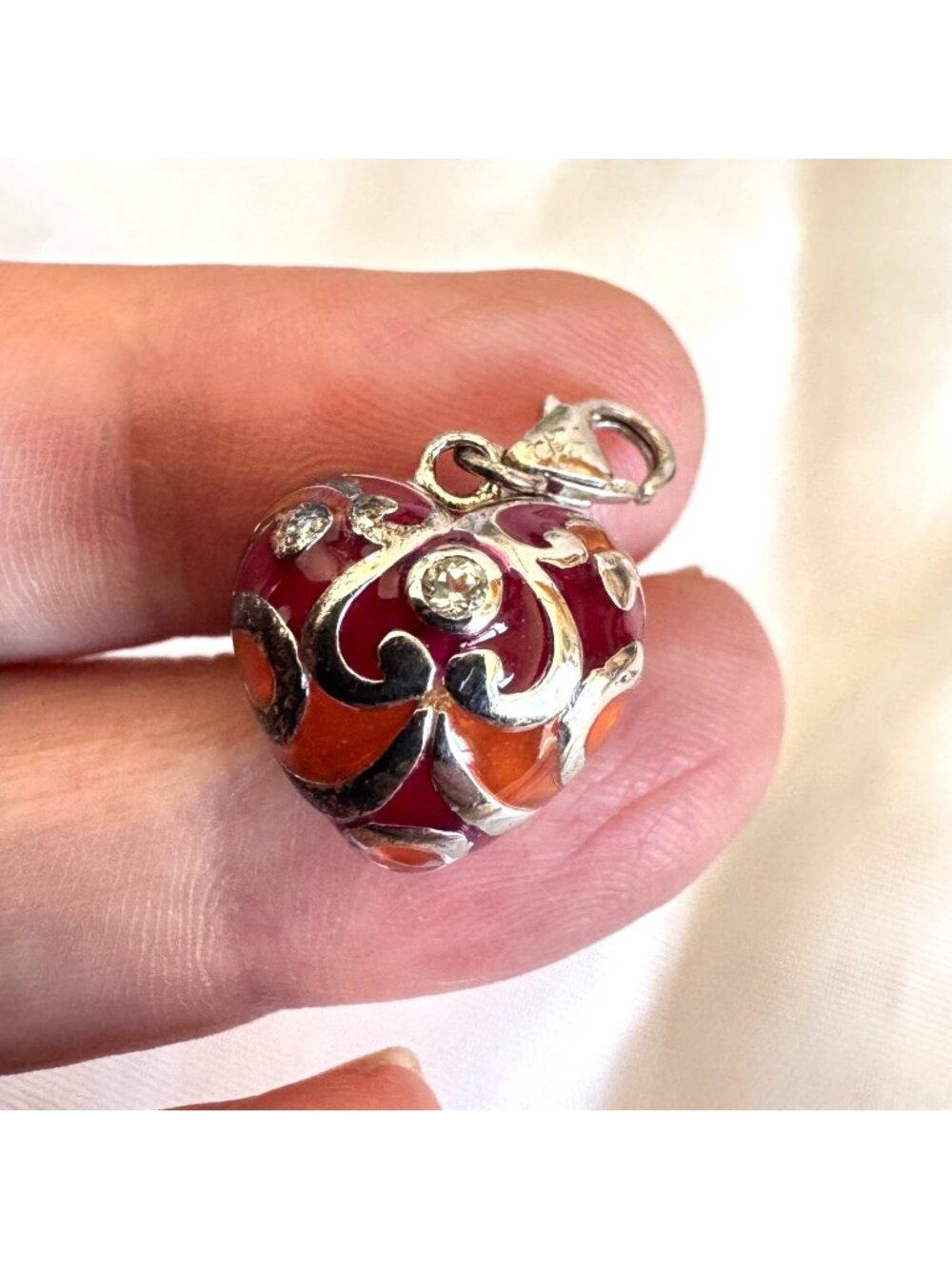 Artisan Glass Heart Charm Sterling Silver 925 Scroll Design Overlay Lobster Clas